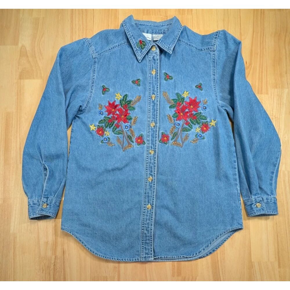 Vintage Denim Shirt Floral Embroidered Button Up Womens Blue Cottage